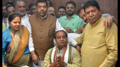 Newly elected mayor Shyam Lal Bansal at MC office in Panchkula on Saturday. (Sant Arora/HT)