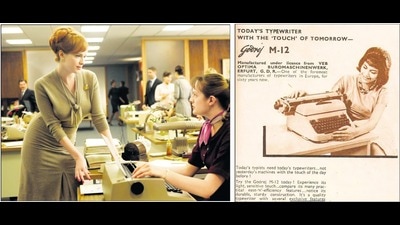 Snapshots from the ’60s: Elisabeth Moss is Peggy Olson, secretary-turned-copywriter, on the TV series Mad Men (2007-15). (Above right) An advertisement for a Godrej device. Snapshots from the ’60s: Elisabeth Moss is Peggy Olson, secretary-turned-copywriter, on the TV series Mad Men (2007-15). (Above right) An advertisement for a Godrej device.