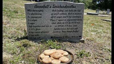 The grave of Annabelle Gunderson, who ran a local car dealership with her husband in Northern California, immortalises the snickerdoodles she made for firefighters in wildfire season, to help keep them going. (James Jelin / To Die For) The grave of Annabelle Gunderson, who ran a local car dealership with her husband in Northern California, immortalises the snickerdoodles she made for firefighters in wildfire season, to help keep them going. (James Jelin / To Die For)