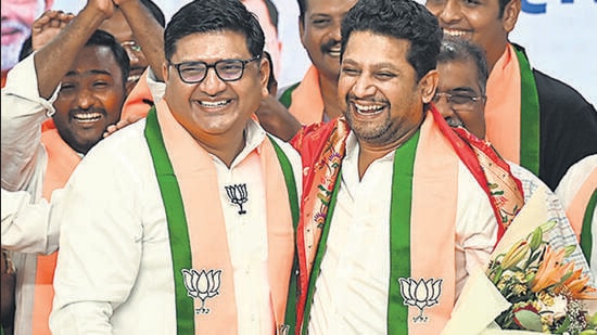 Mumbai, India. May 30, 2026 - Prajakt Tanpure, former Minister and member of the National Congress Party (Sharad Pawar), has joined the Bhartiya Janta Party (BJP) at the BJP state office in Mumbai. The event was attended by BJP state president Ravindra Chavan and BJP leader Sujay Vikhe Patil. Mumbai, India. May 30, 2026. (Photo by Raju Shinde/HT Photo) (Raju Shinde)