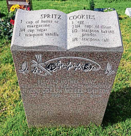 Naomi Odessa Miller-Dawson’s recipe for spritz cookies, on her headstone in New York. Naomi Odessa Miller-Dawson’s recipe for spritz cookies, on her headstone in New York.