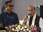 Defence minister Rajnath Singh speaks at the inauguration of the Nausena Shaurya Vatika, in Lucknow on Saturday. (Deepak Gupta/HT Photo)