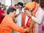 Haryana CM Nayab Singh Saini offers prayers at the Mata Bhadra Kali Temple located in Shekhupur, in Kapurthala on Sunday. (@NayabSainiBJP X)
