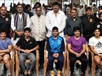 Mansi (4th from left) with Antim Panghal (5th from left) with other four women wrestlers selected for Asian Games. (HT Photo)