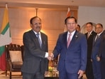 Myanmar President Min Aung Hlaing meets NSA Ajit Doval. Myanmar President Min Aung Hlaing meets NSA Ajit Doval.