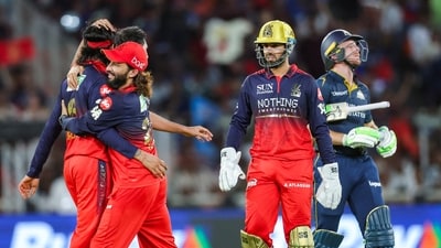 Krunal Pandya and his RCB teammates celebrate Jos Buttler's dismissal. (ANI Pic Service) Krunal Pandya and his RCB teammates celebrate Jos Buttler's dismissal. (ANI Pic Service)