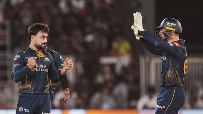 There was a small hiccup as Rashid Khan brought some life to GT’s defence with the wickets of Rajat Patidar and Krunal Pandya in the same over. RCB were slightly vulnerable at that moment – but with the required rate under 6, restructuring was never something to be too concerned about. (PTI)