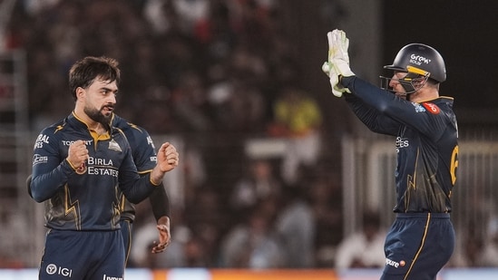 There was a small hiccup as Rashid Khan brought some life to GT’s defence with the wickets of Rajat Patidar and Krunal Pandya in the same over. RCB were slightly vulnerable at that moment – but with the required rate under 6, restructuring was never something to be too concerned about.(PTI)
