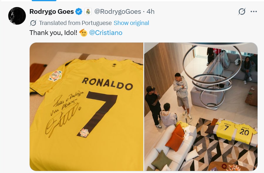 Rodrygo's post showing a signed jersey sent by Cristiano Ronaldo. (Rodrygo X) Rodrygo's post showing a signed jersey sent by Cristiano Ronaldo. (Rodrygo X)