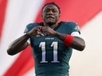 A.J. Brown looks on prior to an NFC Wild Card Round game for his former team, the Eagles.
