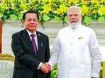 Prime Minister Narendra Modi shakes hands with President of Myanmar, U Min Aung Hlaing, as they hold bilateral talks at Hyderabad House, in New Delhi.