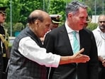 Australia's deputy PM and defence minister Richard Marles with Indian defence minister Rajnath Singh at the ceremonial 'Guard of Honour' at Manekshaw Centre, in New Delhi on Monday. (ANI)