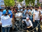Activists raise slogans during a protest in Delhi, alleging irregularities in the Central Board of Secondary Education's (CBSE) On-Screen Marking (OSM) evaluation system.