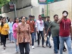Candidates coming out of a centre in Lucknow after appearing in the UP BEd entrance exam 2026 on May 31. (HT photo)
