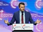 Turning Point USA Founder Charlie Kirk speaks during a campaign rally, Oct. 24, 2024, in Las Vegas.
