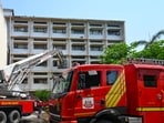 Fire service vehicles at the site after a fire broke out within the School of Planning and Architecture (SPA) campus in New Delhi.