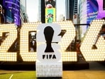 The New York/New Jersey's FIFA World Cup 2026 logo is revealed during the kickoff event in Times Square in New York City.