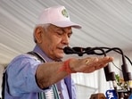 Jammu and Kashmir Lt Governor Manoj Sinha takes a pledge at a public meeting during the Drug-Free J&K Padyatra, in Kulgam on Monday. (ANI)
