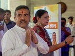 West Bengal CM Suvendu Adhikari and state Minister Agnimitra Paul during the launch of 'Swachh' app. (PTI Photo)