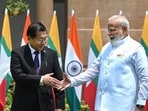 Prime Minister Narendra Modi receives Myanmar President U Min Aung Hlaing at Hyderabad House in New Delhi Prime Minister Narendra Modi receives Myanmar President U Min Aung Hlaing at Hyderabad House in New Delhi