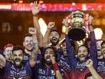 RCB team celebrates their IPL 2026 win in Ahmedabad on Sunday. (PTI)