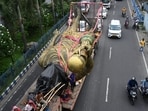 The Public Works Department (PWD) taking away the statue of iconic football player Lionel Messi from Lake Town, Kolkata, after locals complained it had been swaying, on Monday, June 1, 2026.