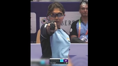 Esha Singh made a World Record in the women’s 25 metre pistol event with 43 points from a possible 50 beating the previous record of 42 points held by South Korea’s Kim Ye-ji. Esha Singh made a World Record in the women’s 25 metre pistol event with 43 points from a possible 50 beating the previous record of 42 points held by South Korea’s Kim Ye-ji.