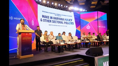 Haryana chief minister Nayab Singh Saini during the launch of ‘Make in Haryana’ industrial policy in Gurugram on Monday. (HT Photo)