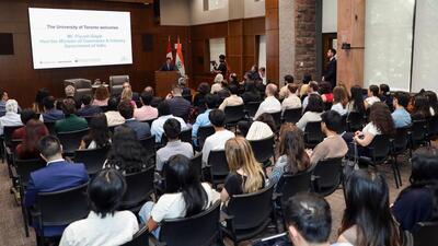 India’s Union Commerce and Industry Minister Piyush Goyal addresses the students and faculty at Toronto University's Munk School of Global Affairs and Public Policy, in Toronto on May 28. (ANI) India’s Union Commerce and Industry Minister Piyush Goyal addresses the students and faculty at Toronto University's Munk School of Global Affairs and Public Policy, in Toronto on May 28. (ANI)