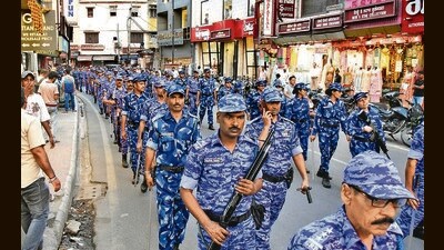 Paramilitary troops taking part in a flag march ahead of the Operation Bluestar anniversary in Amritsar on Monday. (Sameer Sehgal/HT) Paramilitary troops taking part in a flag march ahead of the Operation Bluestar anniversary in Amritsar on Monday. (Sameer Sehgal/HT)