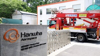 A vehicle of Korea Electric Power Corporation enters the main gate at the Hanwha Aerospace plant in Daejeon on June 1, 2026, after a reported explosion. (AFP)