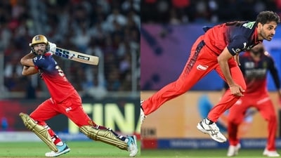 Devdutt Padikkal and Bhuvneshwar Kumar for RCB. (ANI) Devdutt Padikkal and Bhuvneshwar Kumar for RCB. (ANI)