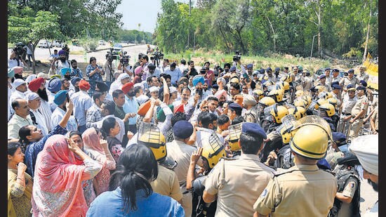 PICTES members’ stir outside the DGSE office in Mohali on Monday. (Sanjeev sharma/HT)