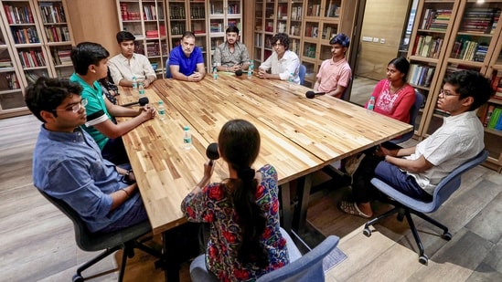 Congress leader Rahul Gandhi during an interaction with CBSE board students. (X/@INCIndia)