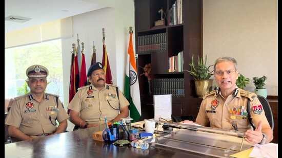 Punjab DGP Gaurav Yadav chairing a state-level Law and Order review meeting in virtual mode in Chandigarh on Monday. (HT)
