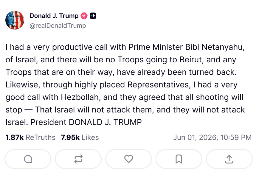 Donald Trump says Israel and Hezbollah would halt fighting. (Donald Trump/Truth Social)