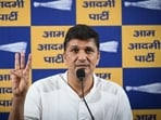 AAP leader Saurabh Bharadwaj addresses a press conference in New Delhi. (Sanchit Khanna/ HT Photo)
