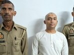 Abhishek Mishra aka Aadikarta Narain Dass in Mathura police custody. (HT Photo)
