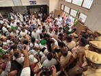 Chaos erupt between protesters and police in Rohtak on Monday. (Manoj Dhaka/HT)