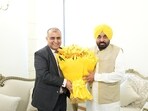 Punjab Chief Minister Bhagwant Singh Mann during a meeting with HPCL Chairman Vikas Kaushal in Chandigarh on Monday. Punjab Chief Minister Bhagwant Singh Mann during a meeting with HPCL Chairman Vikas Kaushal in Chandigarh on Monday.