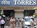 Mumbai, India. Jan 07, 2025: Heavy police security outside Torres's office in Dadar. Investors gathered in large numbers outside the office of Torres Jewellers in Dadar, Mumbai, demanding the return of their principal amounts after the company failed to pay the promised returns on its investment schemes. The Mumbai police booked the company's directors for committing multi-million fraud. Mumbai, India. Jan 05, 2025. (Photo by Raju Shinde/HT Photo) (Hindustan Times)