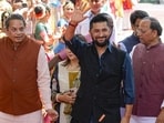 Nepal’s Rastriya Swatantra Party (RSP) president Rabi Lamichhane, centre, being welcomed on his arrival at the Bharatiya Janata Party headquarters in New Delhi on June 2 (PTI)