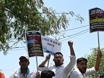New Delhi, India - May 30, 2026: NSUI activists raise slogans during a protest, alleging irregularities in the Central Board of Secondary Education's (CBSE) class 12th On-Screen Marking (OSM) evaluation system, outside the board's headquarters at Patparganj,in New Delhi, India, on Saturday, May 30, 2026. (Photo by Arvind Yadav/ Hindustan Times)