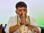 Karnataka state Congress President DK Shivakumar greets after he was elected leader of the legislature party, during the Congress legislature party meeting at Vidhana Soudha, in Bengaluru. Karnataka state Congress President DK Shivakumar greets after he was elected leader of the legislature party, during the Congress legislature party meeting at Vidhana Soudha, in Bengaluru.