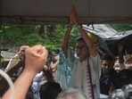 Mamata Banerjee holds a sit-in protest against the alleged attacks on party leaders and workers, in Kolkata.