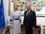 Pakistan's foreign minister Ishaq Dar (R) and EU High Representative and Vice-President for Foreign Affairs and Security Policy Kaja Kallas pose for a photograph at the Foreign Ministry in Islamabad on June 1 (AFP)