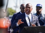 Newark Mayor Ras Baraka speaks outside Delaney Hall detention center in Newark, New Jersey.