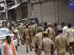 Police personnel and security forces remain deployed amid protest over the murder of Surya Pratap Chauhan in Khoda Colony, Ghaziabad, UP 