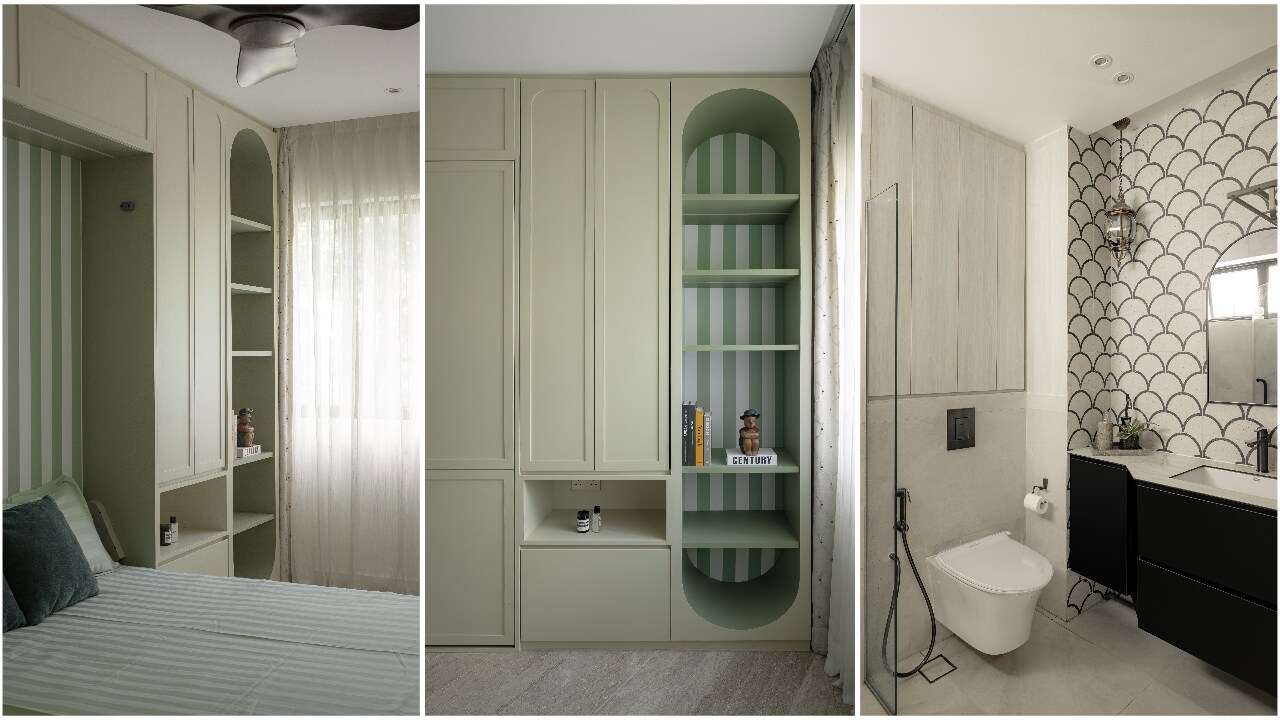 The guest room features a playful interplay of contrasting wallpapers. The guest room features a playful interplay of contrasting wallpapers.