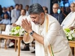 DK Shivakumar greets as he takes the oath as Chief Minister of Karnataka.